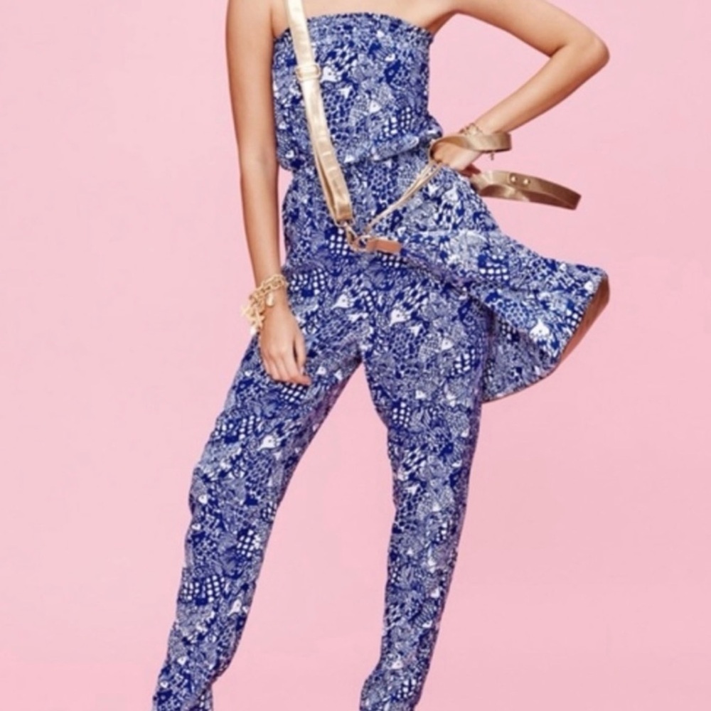 Lilly Pulitzer for Target Blue and White Fish Upstream Strapless Jumpsuit Medium